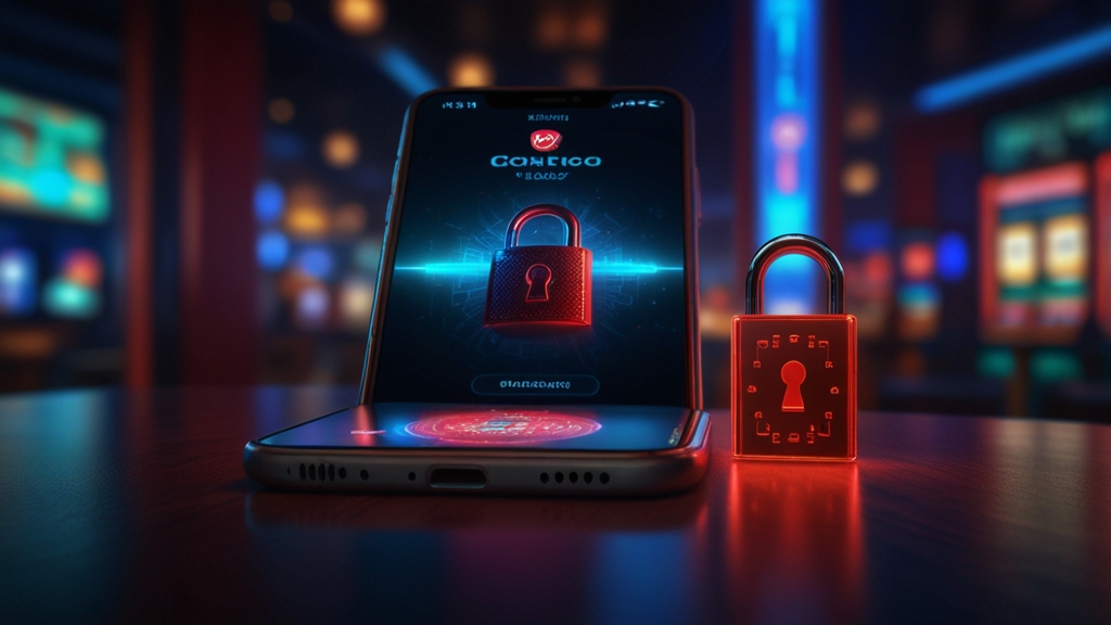 Smartphone con pagina di download sicura in un casinò illuminato al neon