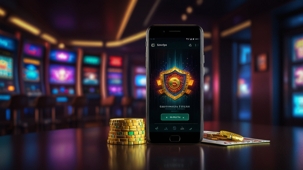 Telefono Android con file APK e schermata di sicurezza in un ambiente da casinò