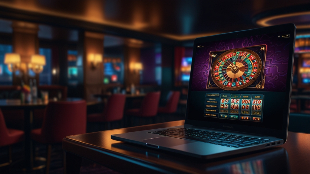 Confronto visivo tra smartphone e laptop in un casinò illuminato al neon